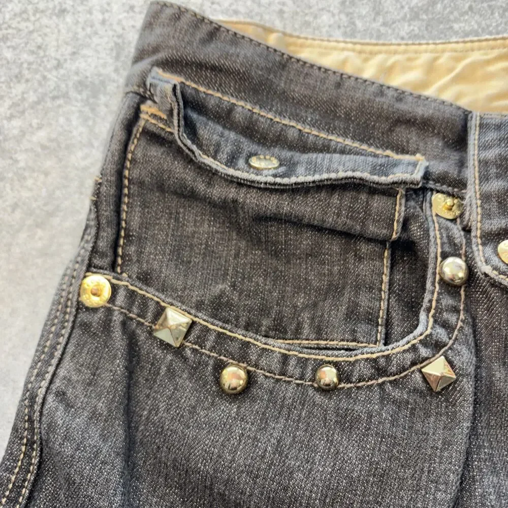Coogi Jeans Mens 42x35 Black Denim Gold Studded Flap Pockets Patch Embroidered